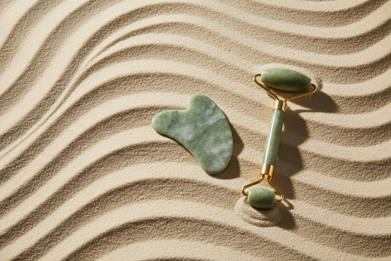 Guasha and jade roller image banner with sand on the background in the colors of my theme settings in website 