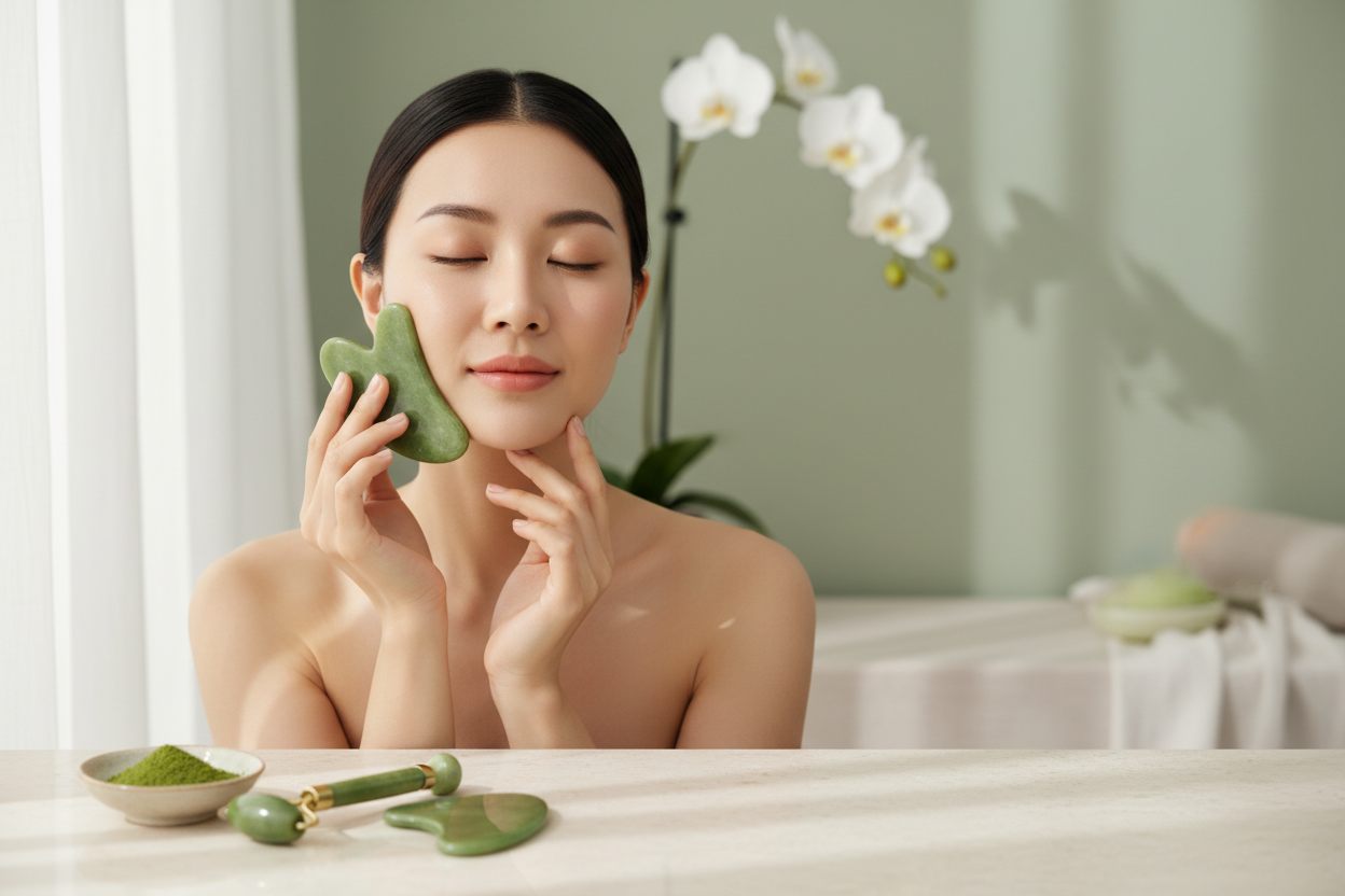 Image that can fit the overlay with text in my store with green matcha guasha and jaderoller and a beatiful lady using it