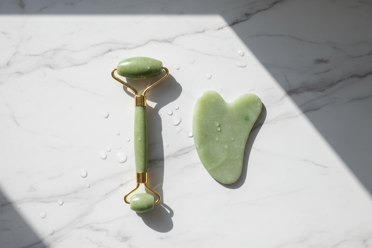 "Natural jade roller and gua sha tool displayed separately on white marble surface, top view, professional product photography, soft natural lighting" 